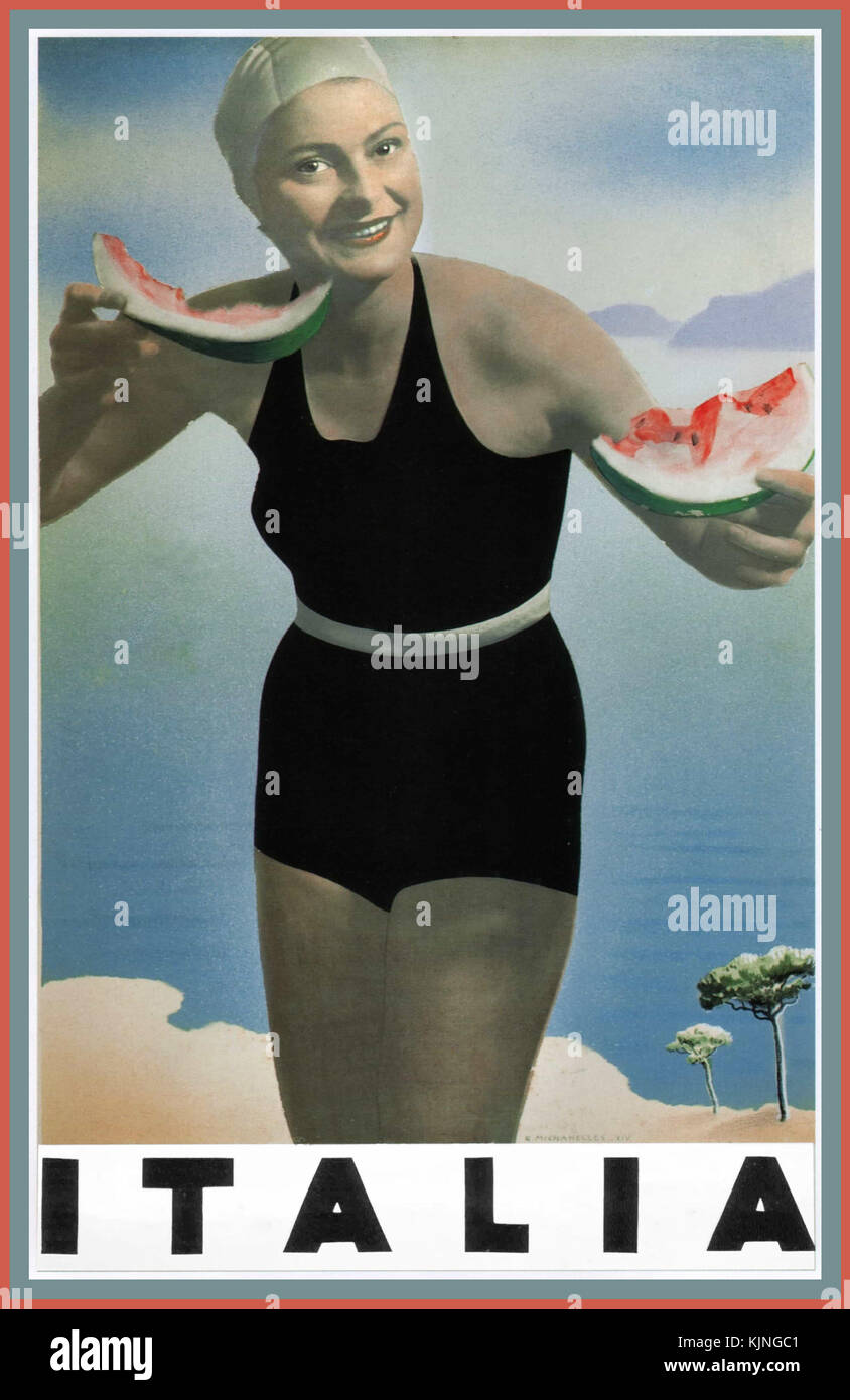 Vintage Historischen 1936 Urlaub Reisen Poster für Italia Italien mit einer Dame Badenixe im Badeanzug eine gesunde Melone mit italienischen Küste hinter Stockfoto