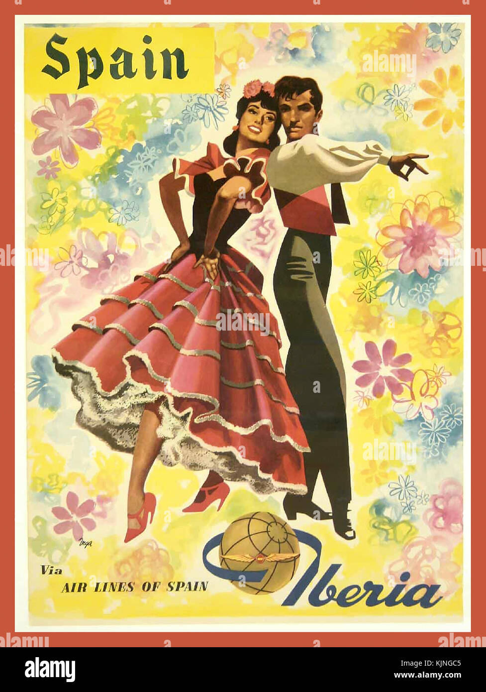 Jahrgang 1950's Travel Holiday Poster für Spanien über Iberia Airlines mit einem spanischen Paar in traditioneller Flamenco Kostüm Kleid Stockfoto