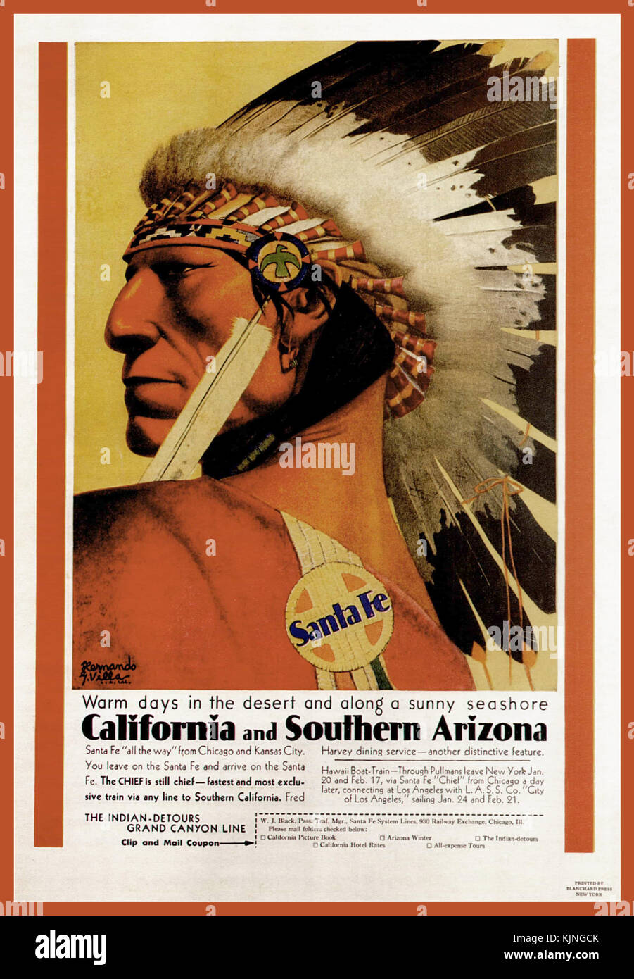Vintage American Rail Poster Santa Fe Indian Chief, in Kalifornien und im südlichen Arizona rail Poster 1940 1950 Stockfoto