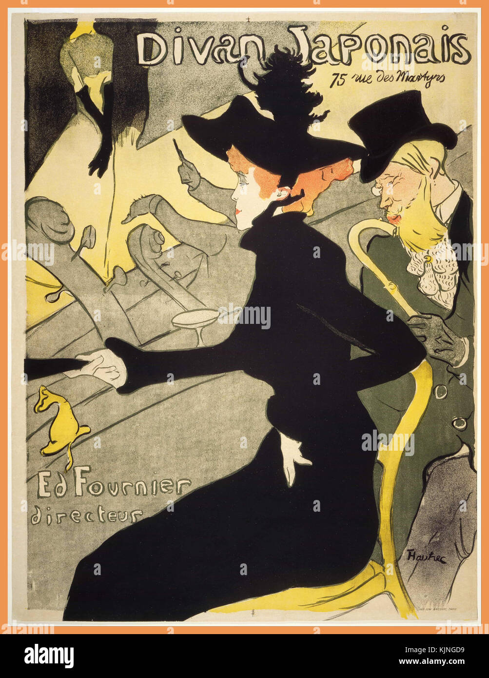 Vintage Toulouse Lautrec Poster 'DIvan Japonais' einer Lithographie Poster des französischen Künstlers Henri de Toulouse-Lautrec Es erstellt wurde ein Café-chantant, war zu der Zeit bekannt als Divan Japonais Das Poster zeigt drei Personen vom Montmartre aus der Zeit des Toulouse-Lautrec. ca. 1893-1894 Inserieren Stockfoto