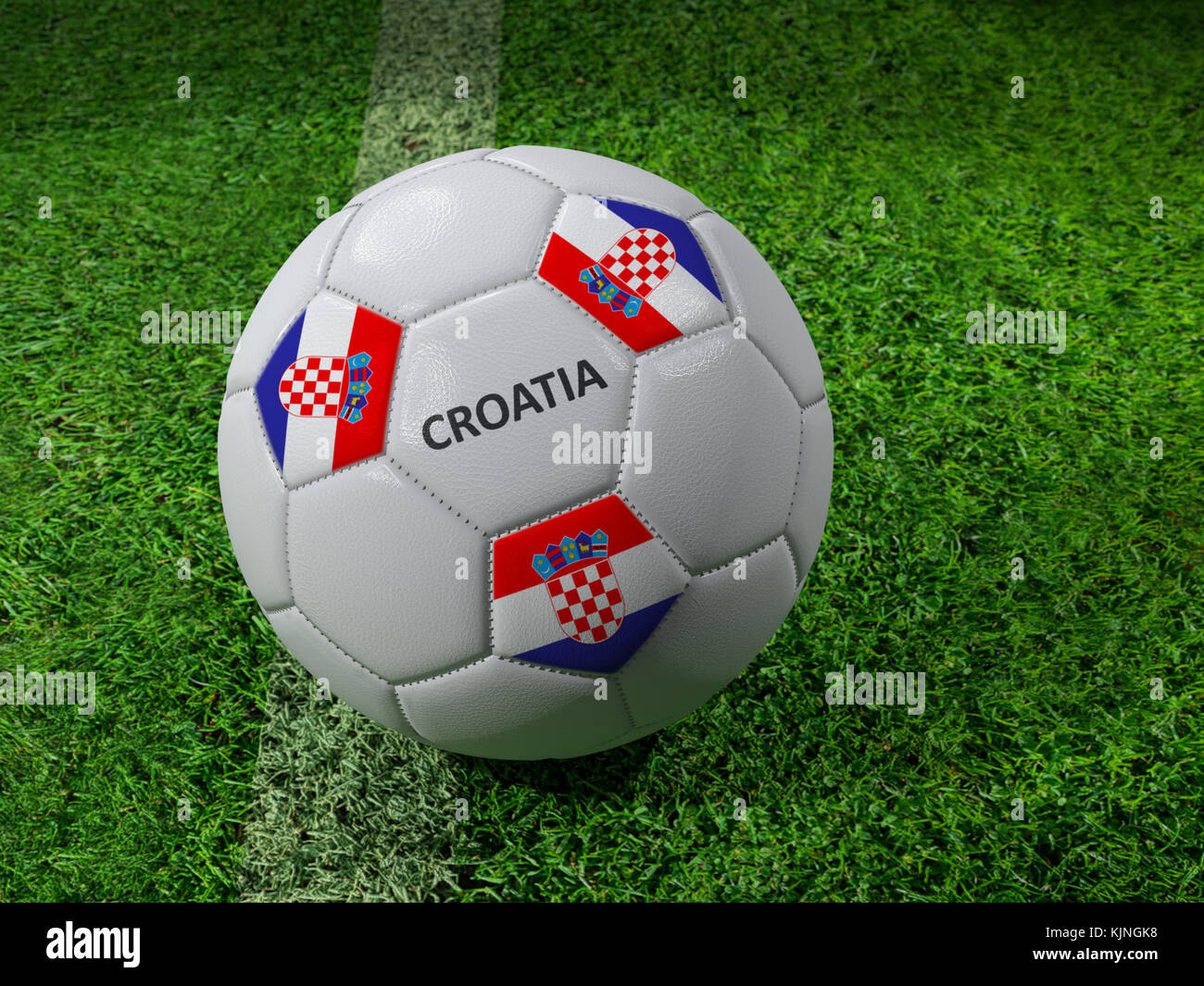 3D-Rendering des weißen Fußball mit aufgedruckten Kroatien Flagge Farben neben dem Pitch line Stockfoto