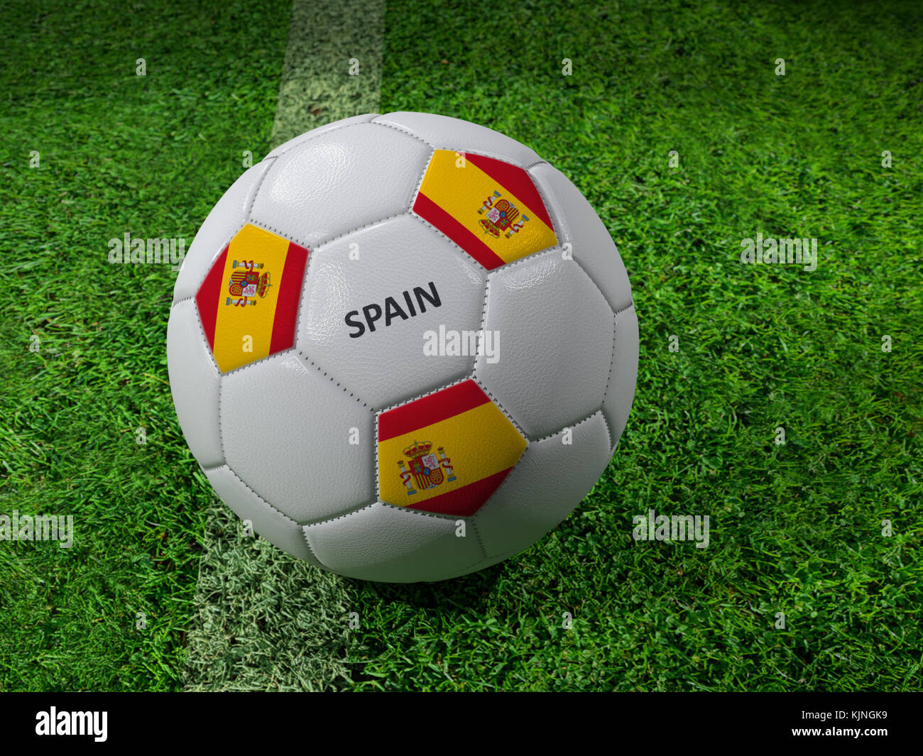 3D-Rendering des weißen Fußball mit aufgedruckten Spanien Flagge Farben neben dem Pitch line Stockfoto