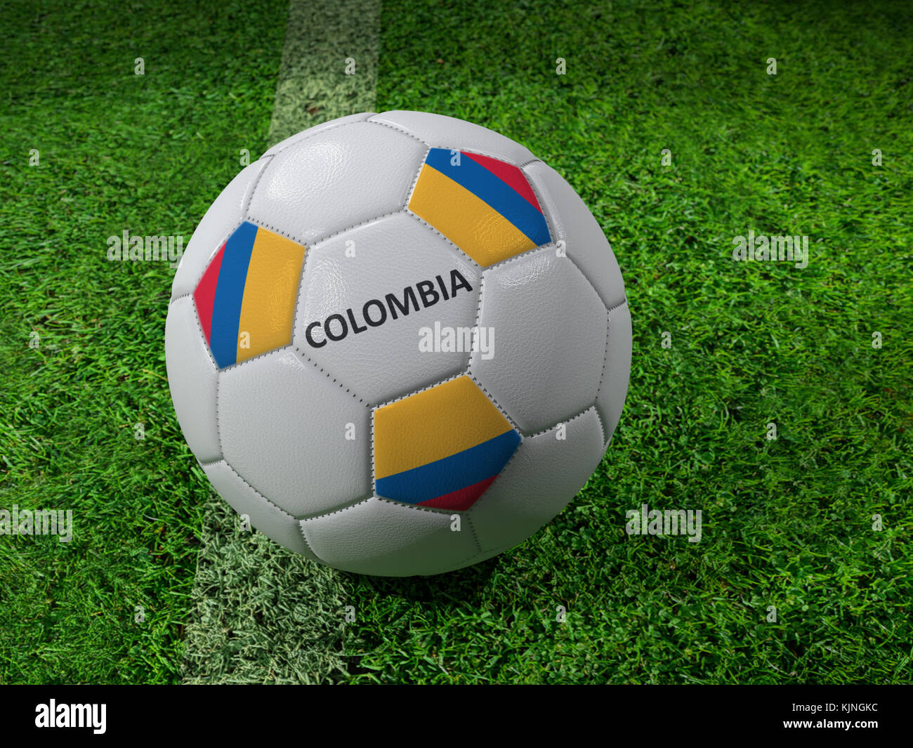 3D-Rendering des weißen Fußball mit aufgedruckten Kolumbien Flagge Farben neben dem Pitch line Stockfoto
