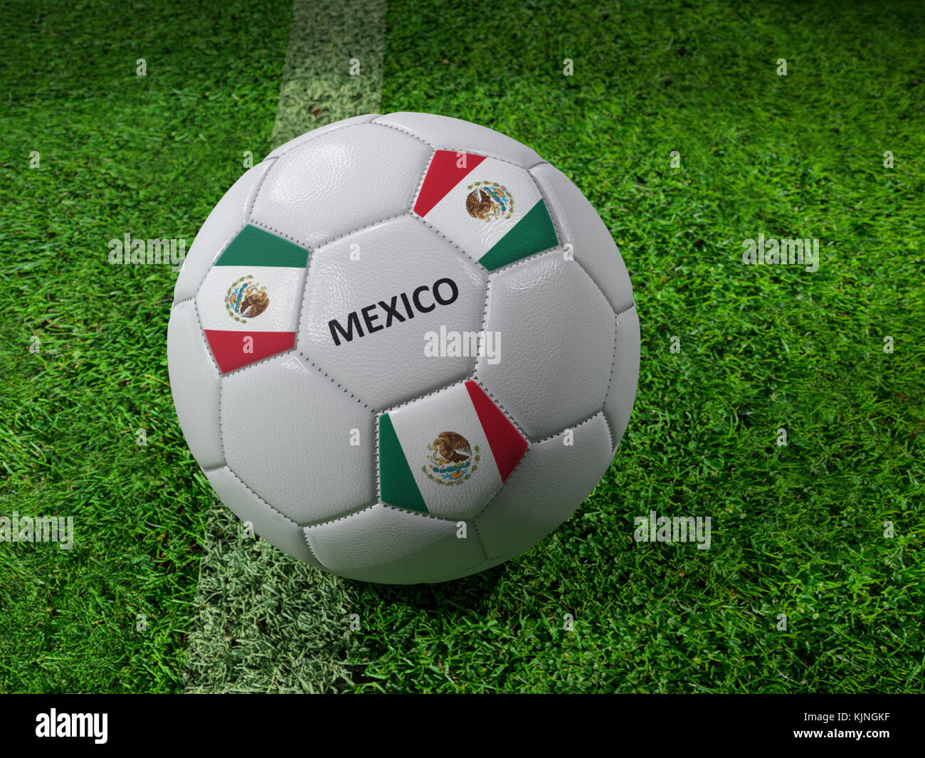 3D-Rendering des weißen Fußball mit aufgedruckten Mexiko Flagge Farben neben dem Pitch line Stockfoto