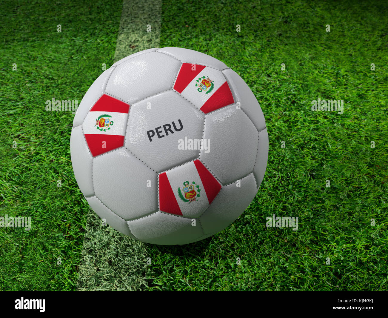 3D-Rendering des weißen Fußball mit aufgedruckten Peru Flagge Farben neben dem Pitch line Stockfoto