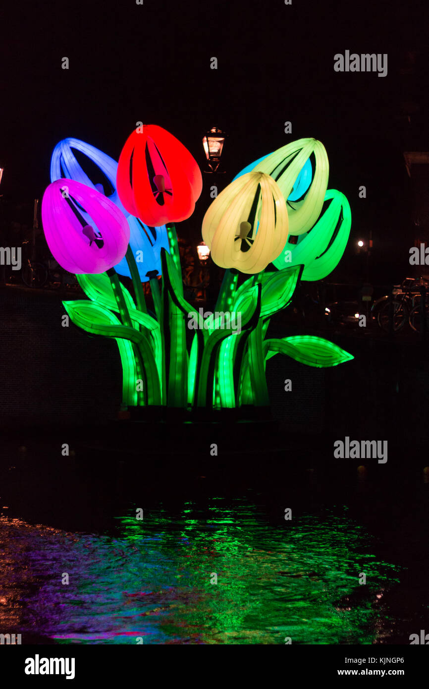 Amsterdam, Niederlande – 14. Januar 2017: Tulpen bei Nacht beim Amsterdam Light Festival Stockfoto