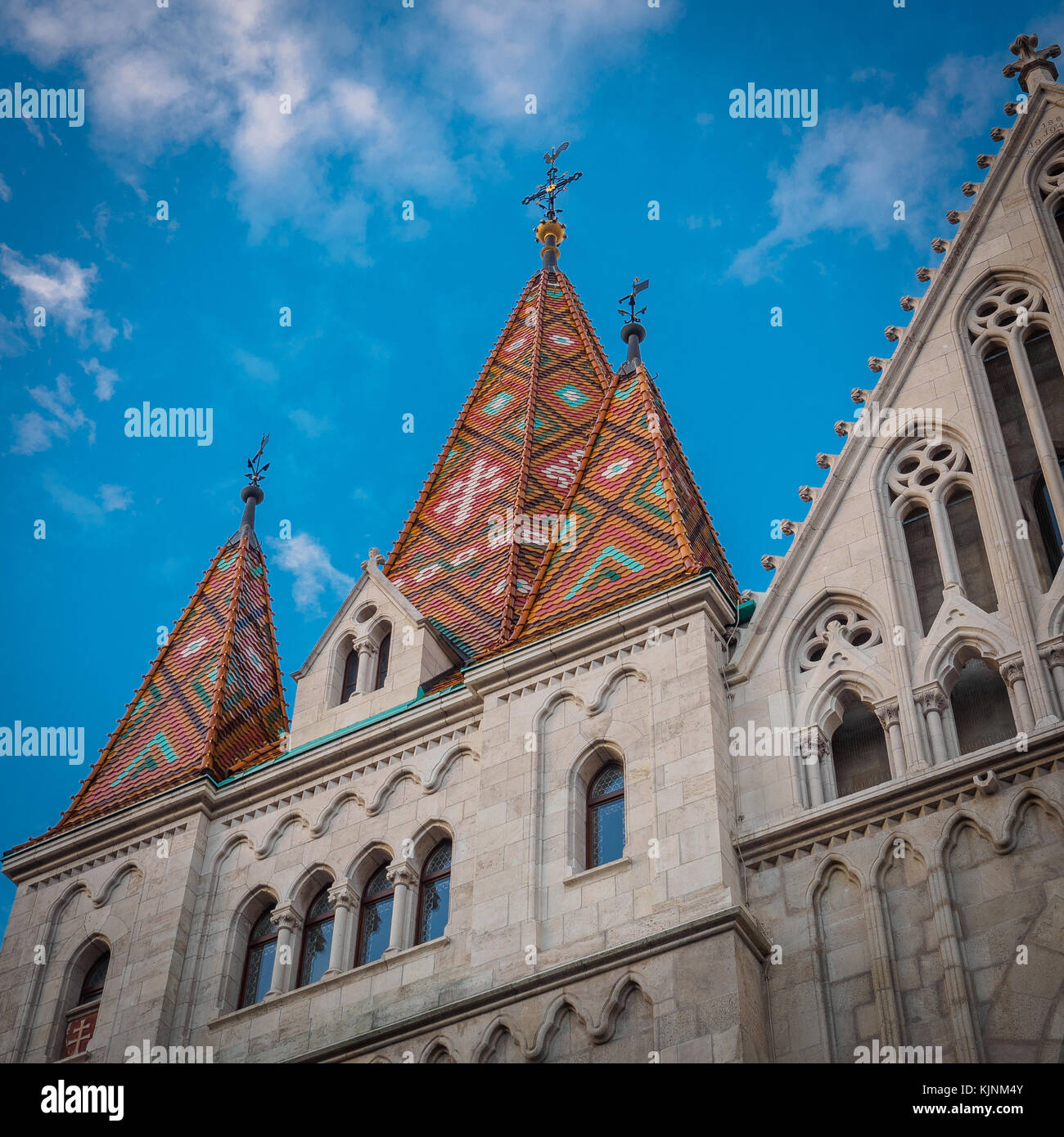 Detail der farbigen Fliesen- dach der Matthiaskirche in Budapest (Ungarn). Juni 2017. Quadratischen Format. Stockfoto