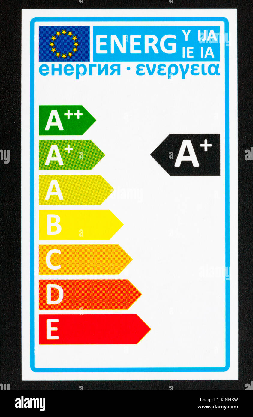 Die Symbole für die Energieeinstufung auf der Verpackung von Philips automatisieren Ihre Lampen, damit Sie sich beruhigt fühlen können – bewertet mit A+ Stockfoto