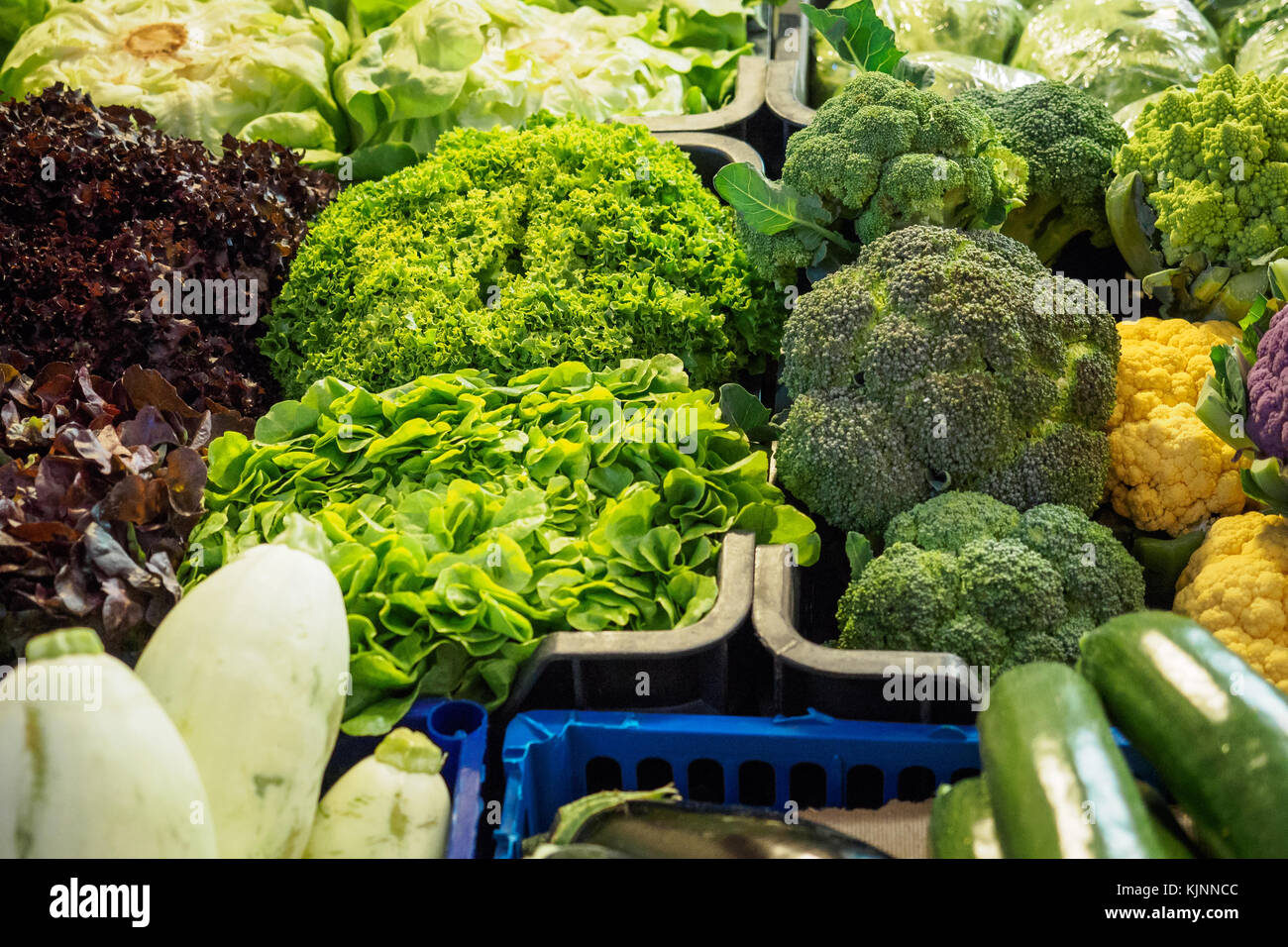 Pflanzliche Stall in der Nagy Vásárcsarnok (Markthalle) in Budapest (Ungarn). Querformat. Stockfoto