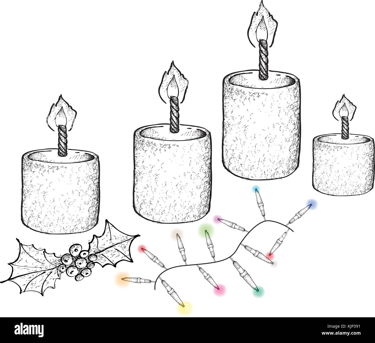 Vier Weihnachten Kerzen mit Stechpalme Zweige und Leuchten, symbolisieren das Licht Gottes in 