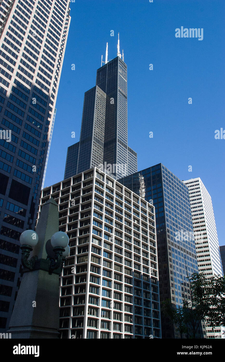 Der Willis Tower erhebt sich hoch über der Chicago Loop Stockfoto