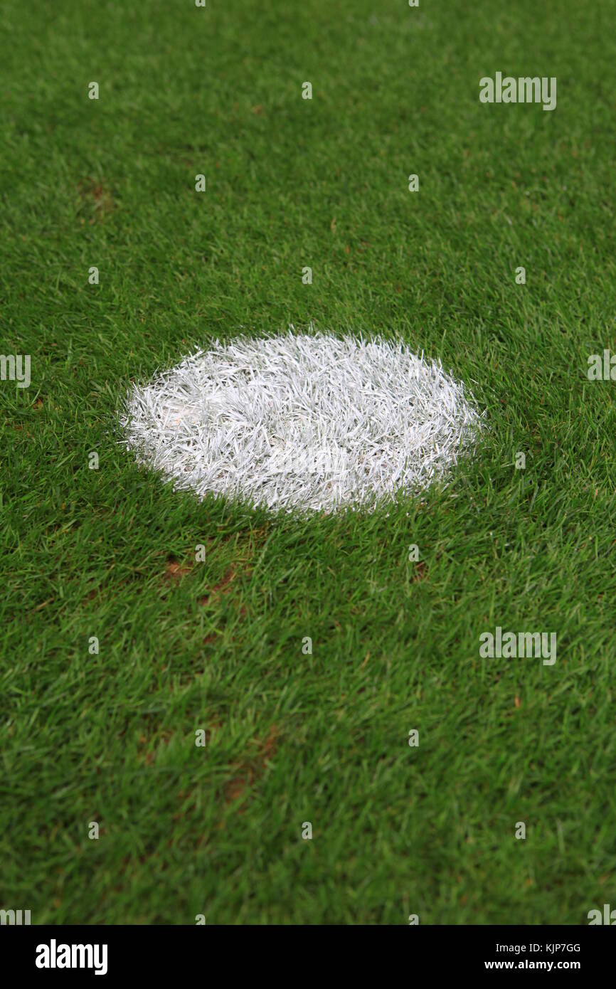 Frische grüne Gras auf dem Fußballfeld markieren Elfmeter Stockfoto