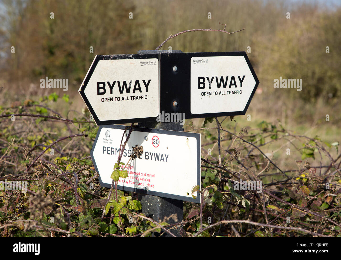 Byway offen für alle Verkehrsschilder, Salisbury, Wiltshire, England, Großbritannien Stockfoto