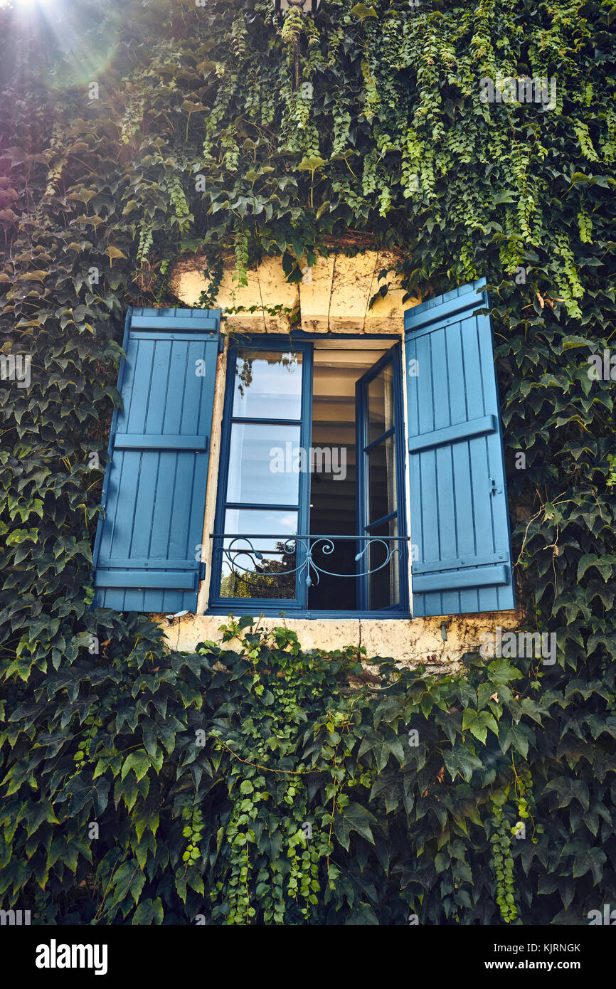 Ein geöffnetes Fenster mit blauen Fensterläden im Sommer Stockfoto