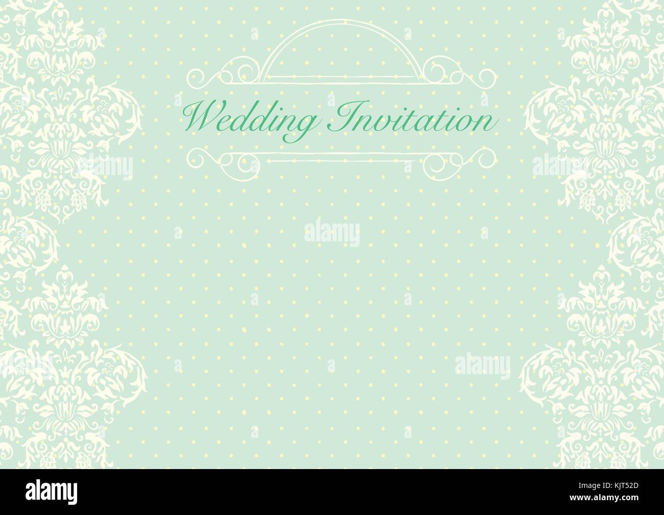 Die grüne Hochzeit Einladungskarte Hintergrund Vorlage mit gelben gepunkteten Muster und floralen Ornament Stock Vektor