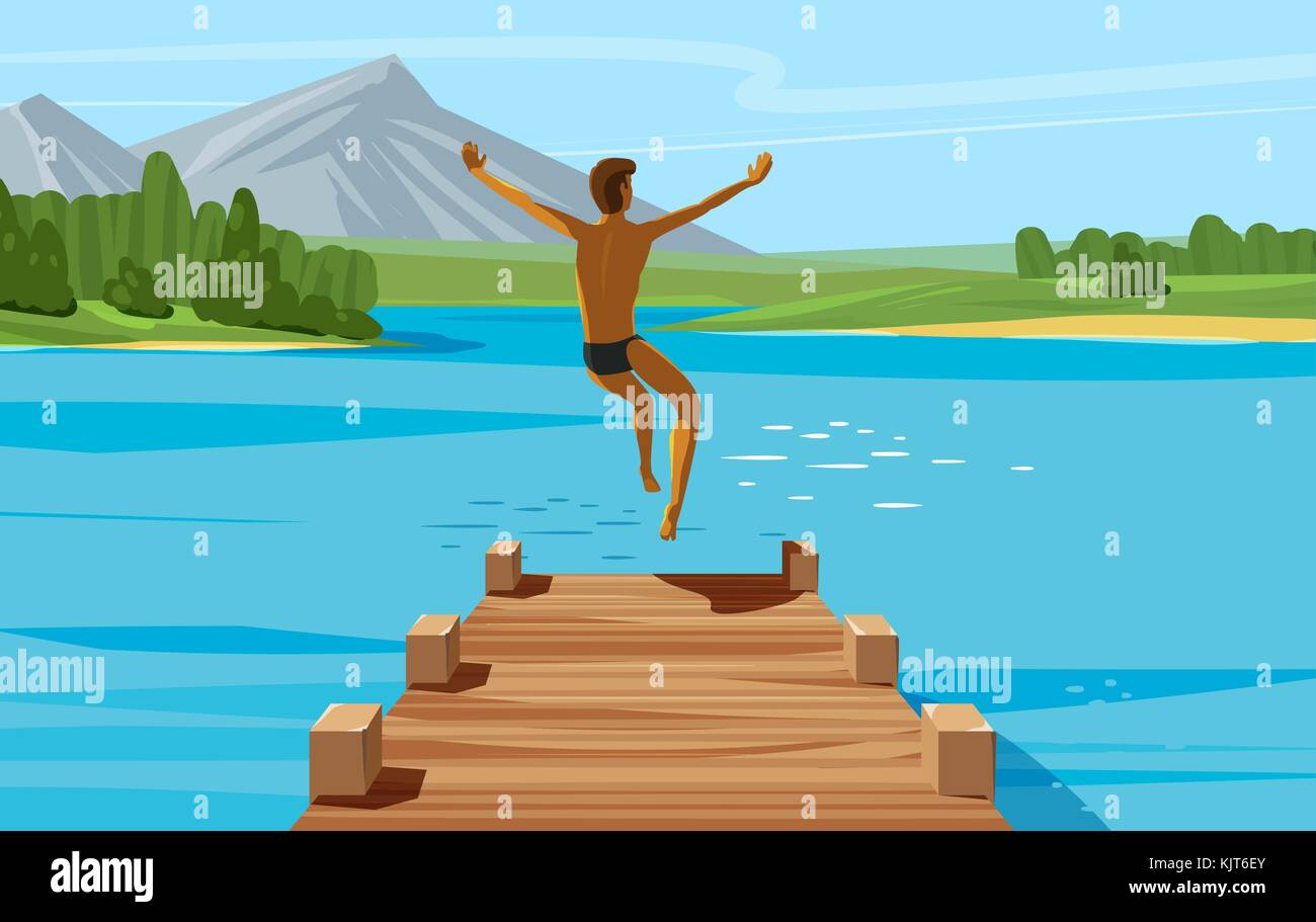 Urlaub, Wochenende, Entspannungskonzept. Junger Mann, der in See oder Wasser springt. Vektorabbildung Stock Vektor