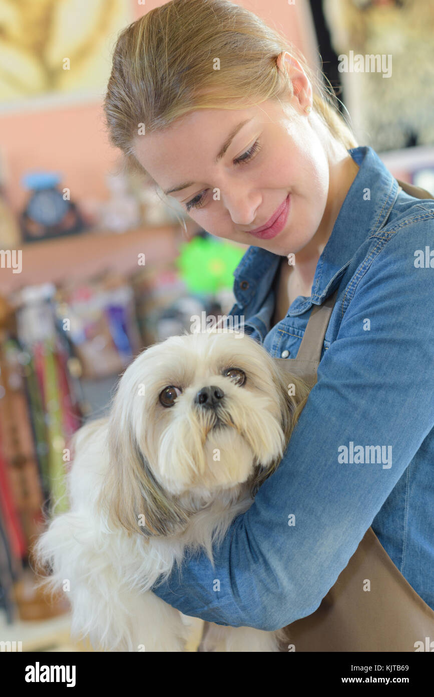 glückliche Frau und Hund in Pflege salon Stockfoto