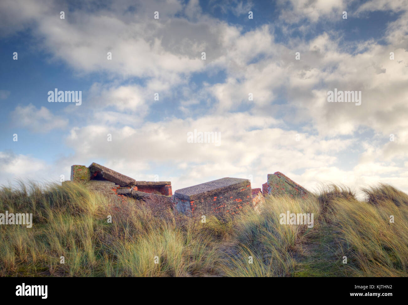 Reste eines alten deutschen Bunker, Teil der Atlantikwall, auf einer Düne auf der holländischen Insel Terschelling Stockfoto