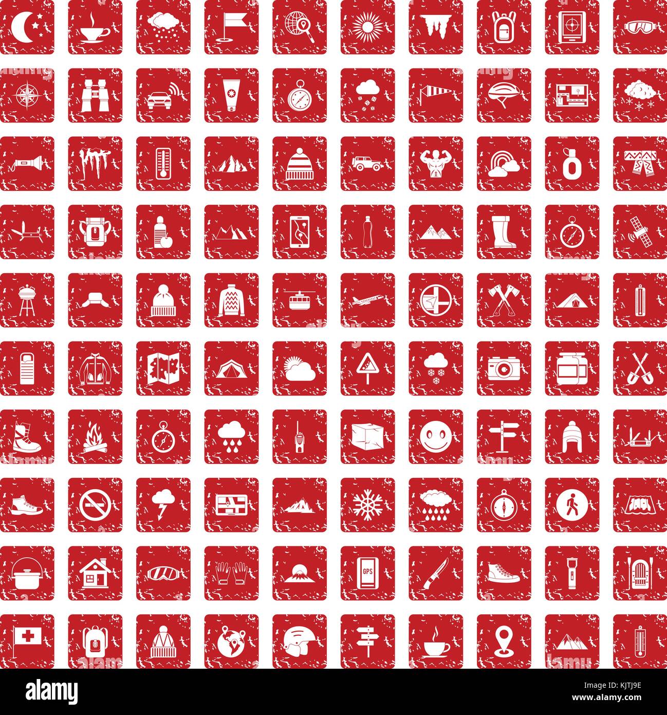 100 Bergsteigen Icons Set grunge Rot Stock Vektor