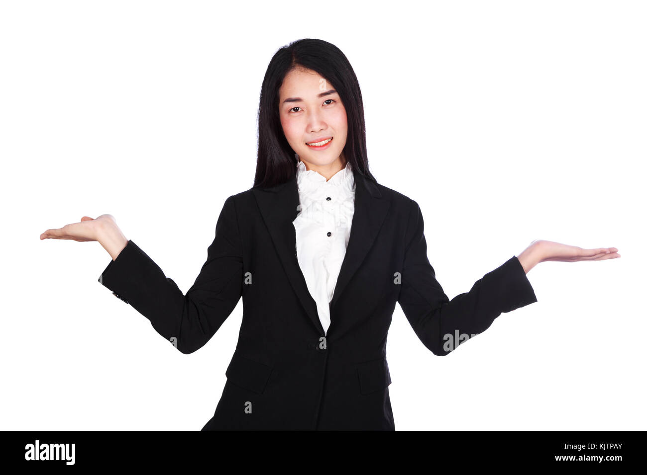 Young Business Frau in Anzug mit leerer Hand auf weißem Hintergrund Stockfoto