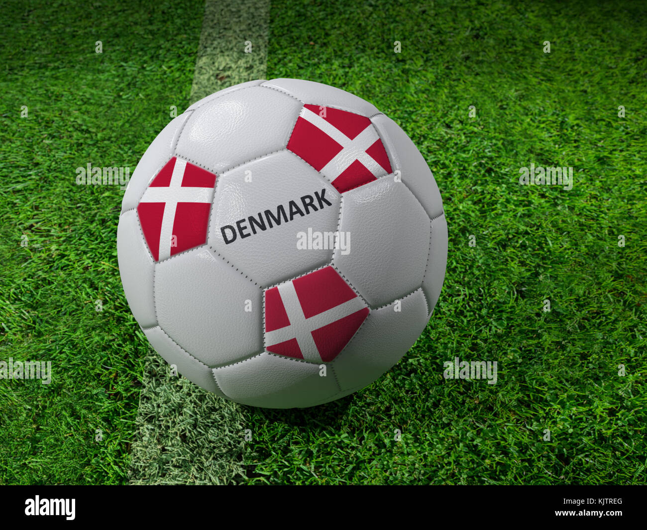3D-Rendering des weißen Fußball mit aufgedruckten Dänemark Flagge Farben neben dem Pitch line Stockfoto
