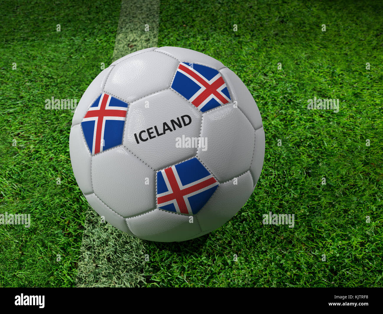 3D-Rendering des weißen Fußball mit aufgedruckten Island als Flagge Farben neben dem Pitch line Stockfoto