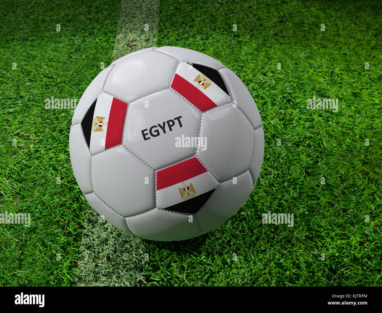 3D-Rendering des weißen Fußball mit aufgedruckten Ägypten als Flagge Farben neben dem Pitch line Stockfoto