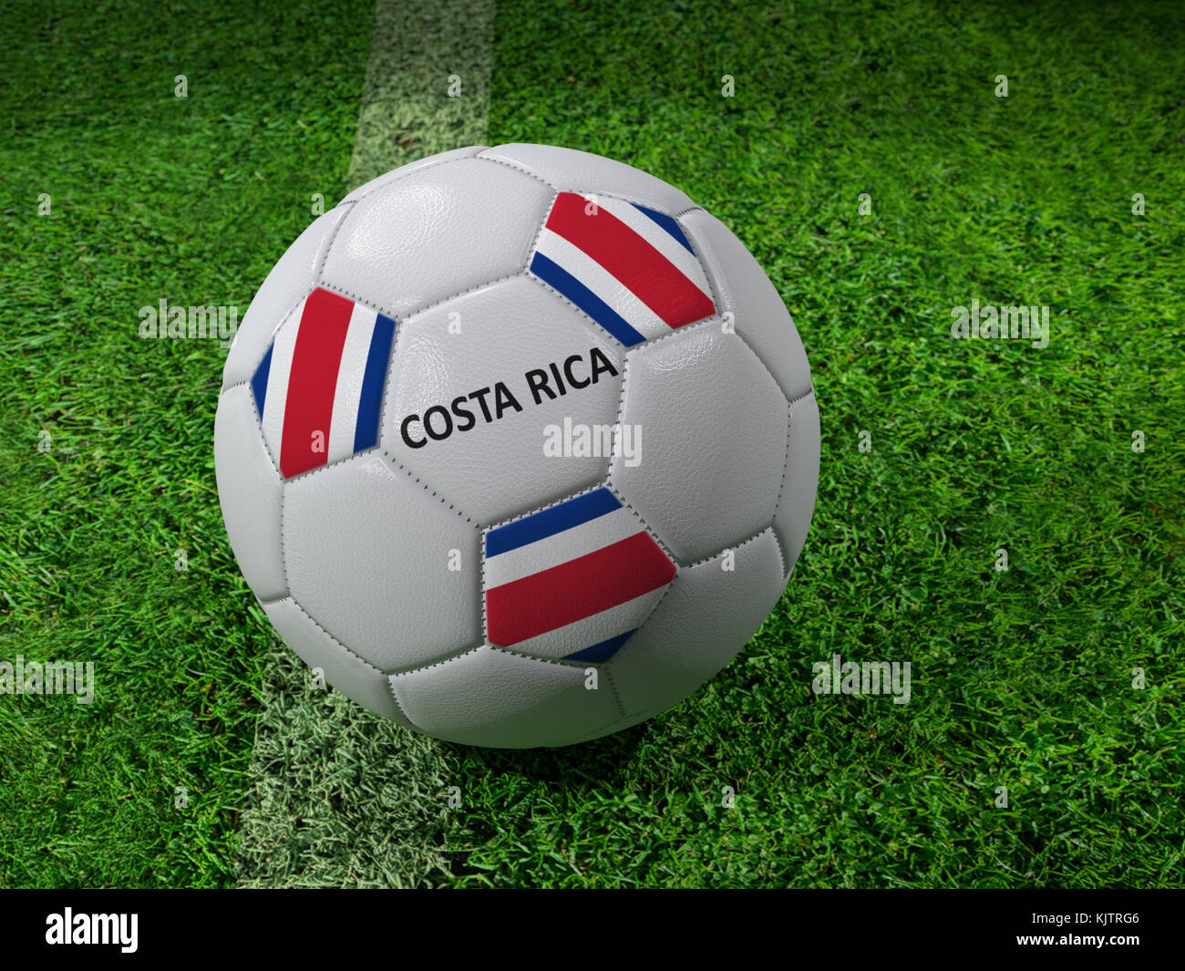 3D-Rendering des weißen Fußball mit aufgedruckten Costa Rica als Flagge Farben neben dem Pitch line Stockfoto
