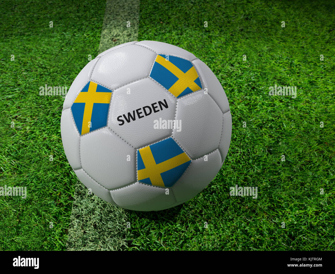 3D-Rendering des weißen Fußball mit aufgedruckten Schweden Flagge Farben neben dem Pitch line Stockfoto