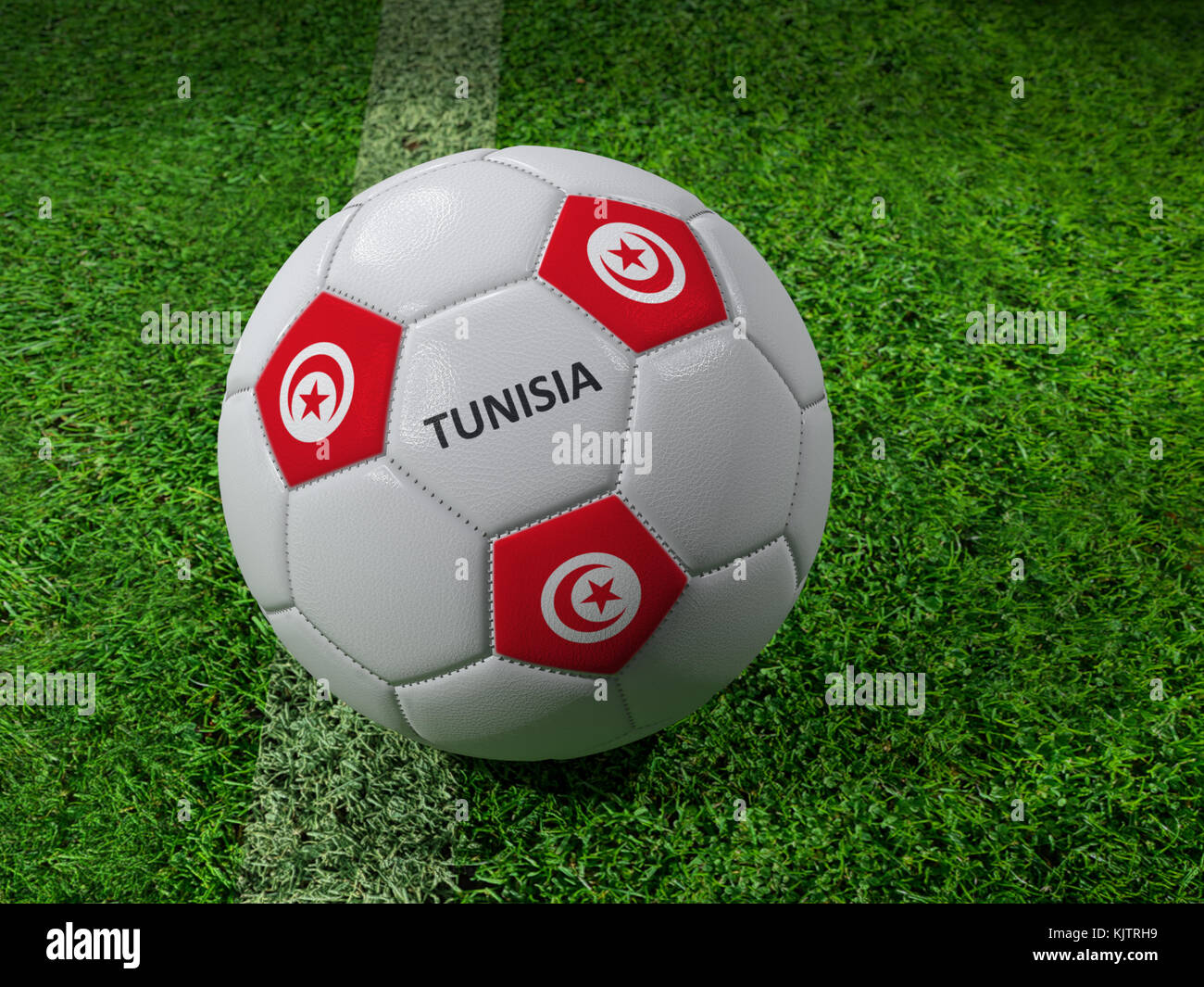 3D-Rendering des weißen Fußball mit aufgedruckten Tunesien Flagge Farben neben dem Pitch line Stockfoto