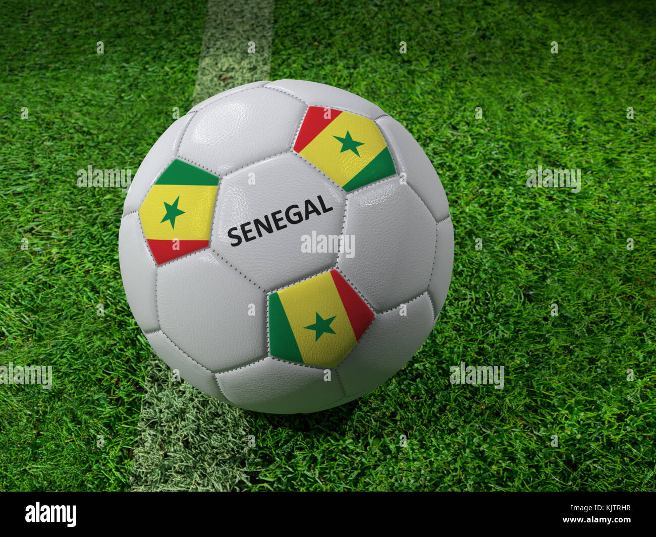 3D-Rendering des weißen Fußball mit aufgedruckten Senegal Flagge Farben neben dem Pitch line Stockfoto