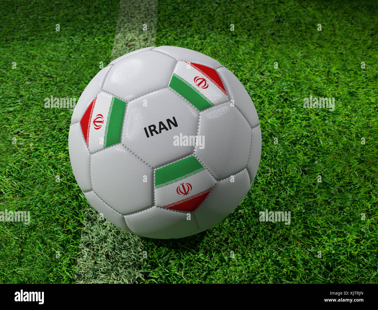 3D-Rendering des weißen Fußball mit aufgedruckten Iran Flagge Farben neben dem Pitch line Stockfoto