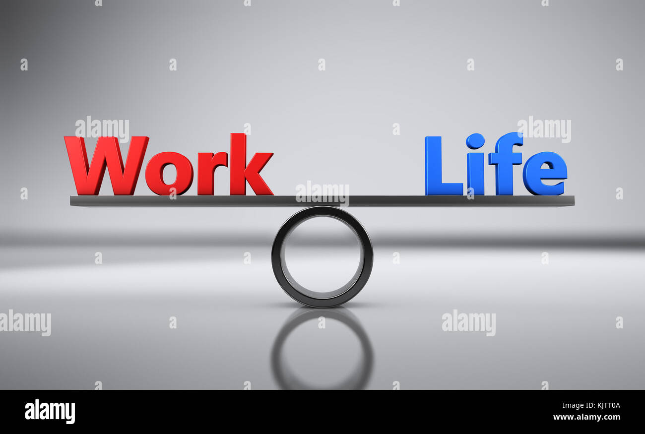 Work life Balance Konzept 3D-Bild mit roten und blauen Worte. Stockfoto