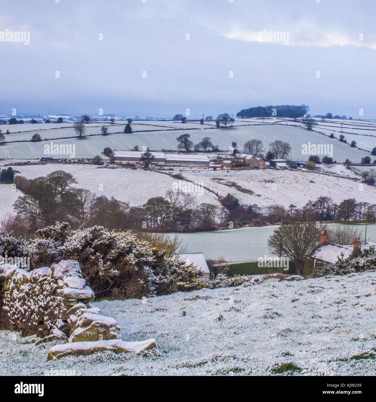 Winterliche Szene in der Nähe von Ludlow, Derbyshire, England, mit einem Bauernhaus Zentrum von Bild Stockfoto
