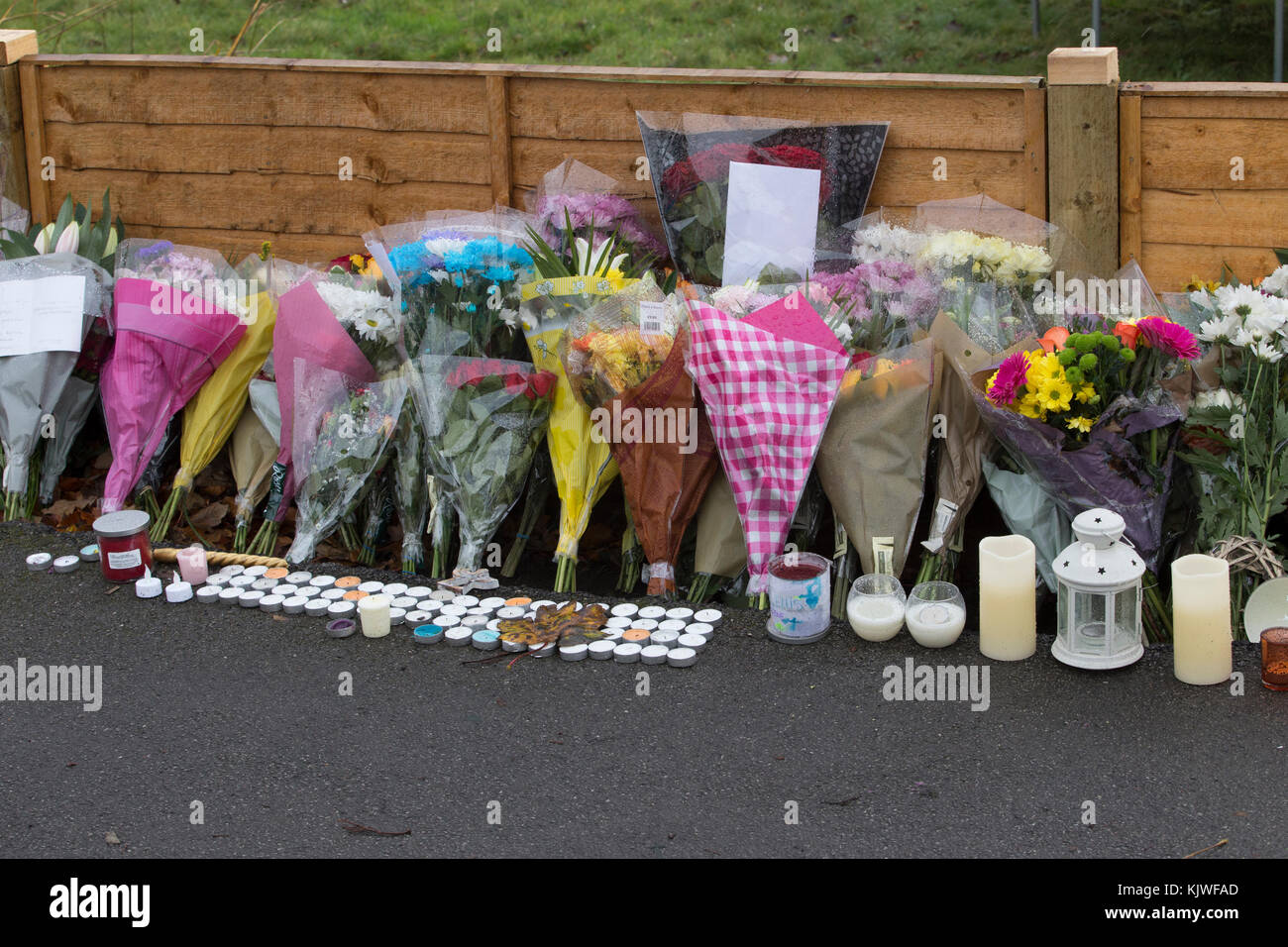 Leeds, Großbritannien. 27. November 2017. Die Polizei an der Szene der Autounfall auf stonegate Straße in Leeds, Blumen und Kerzen weiter am Straßenrand, in Erinnerung an die fünf Menschen, als ihr Auto starb der Baum am vergangenen Samstag getroffen werden. Quelle: James Copeland/alamy leben Nachrichten Stockfoto