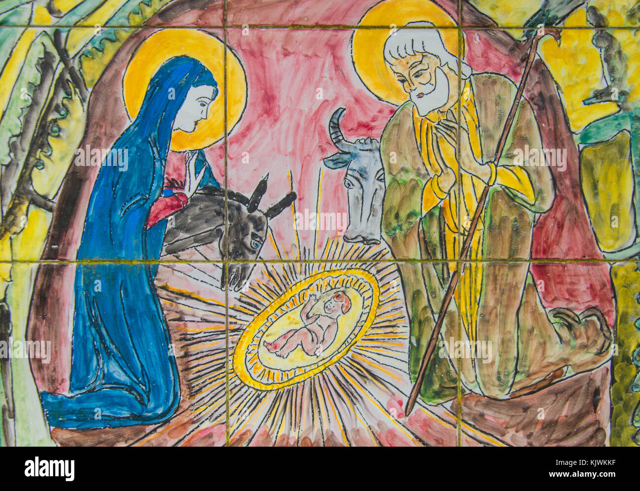 Dekorative Fliesen zeigt eine Szene aus dem Nativety mit Maria und Josef auf der Suche über das Baby Jesus Stockfoto