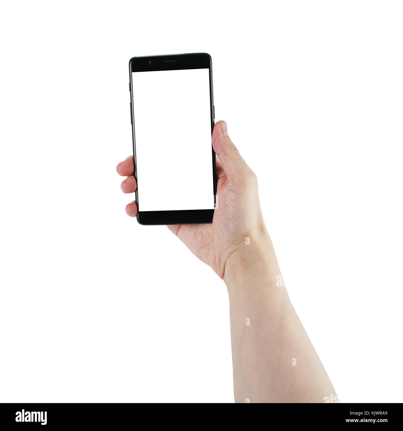 Mann Hand halten Smartphone mit leerer Bildschirm isoliert auf weißem Stockfoto