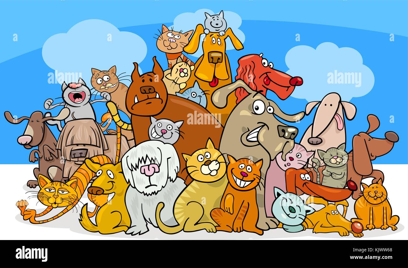 Cartoon Illustration der lustige Hunde und Katzen zeichen Gruppe Stock