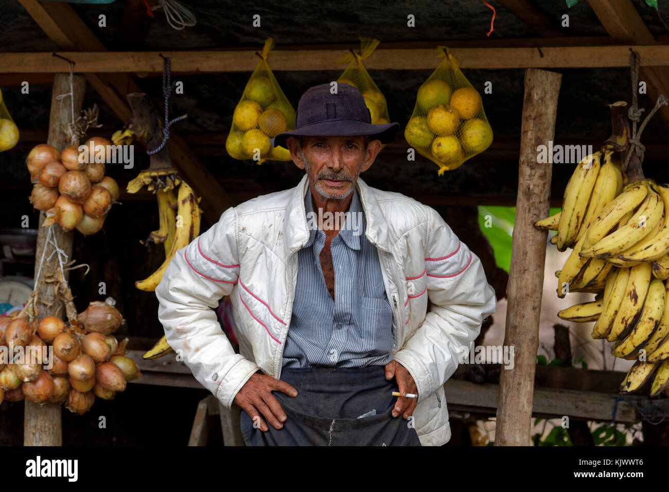 Ein alter Mann verkauft frisches Obst und Gemüse auf der Straße. Auch wenn sein Laden sehr schlecht aussah, war der Mann sehr freundlich. Ich kaufte mir Bananen und bat um ein Foto, das er erlaubte. Er lachte, als er das Ergebnis sah. Stockfoto