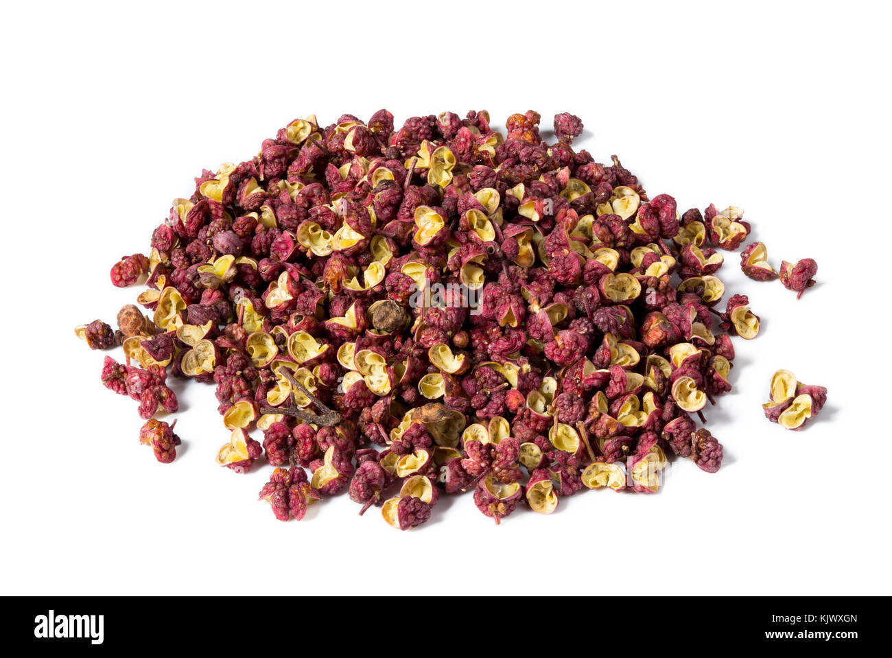Haufen der chinesischen Sichuan Pfeffer auf weißem Hintergrund Stockfoto
