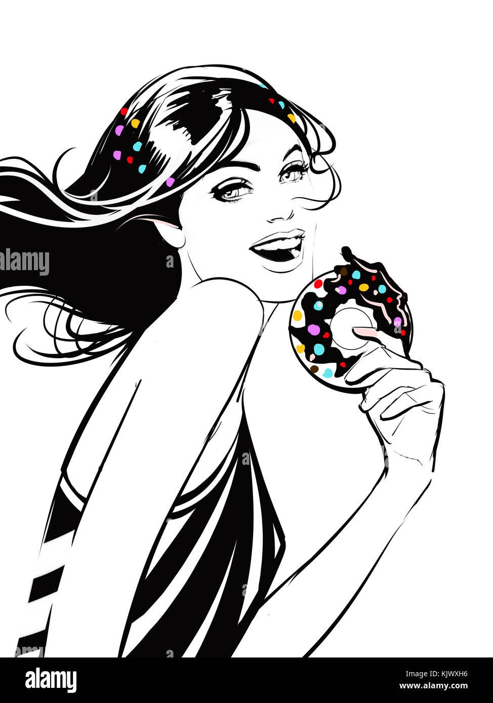 Porträt der jungen Frau, und lächelnd Donut Stockfoto