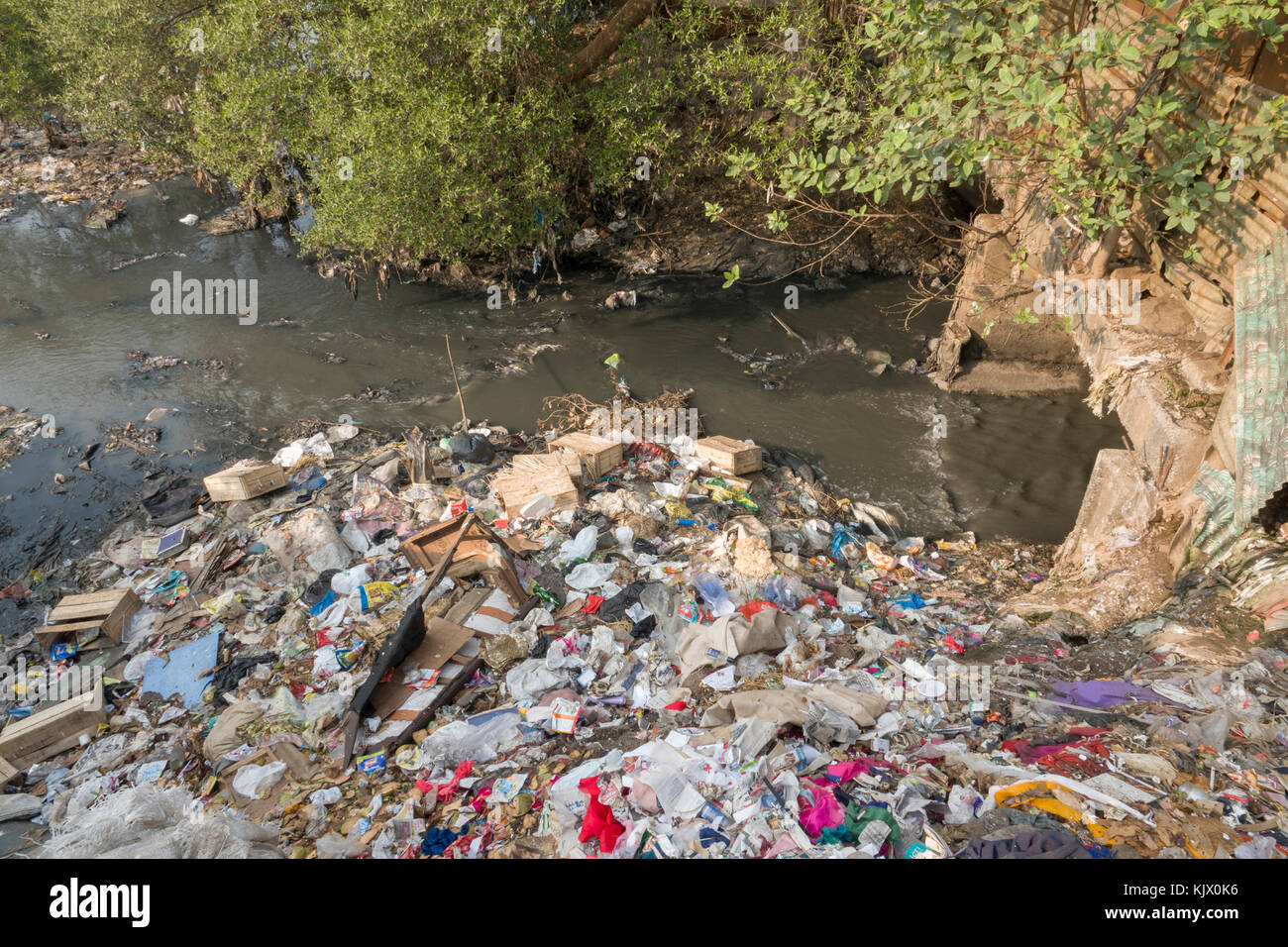 Plastiktüten, Müll und Abwasser starke Verschmutzung im Fluss bei Juhu erstellen, Mumbai Stockfoto