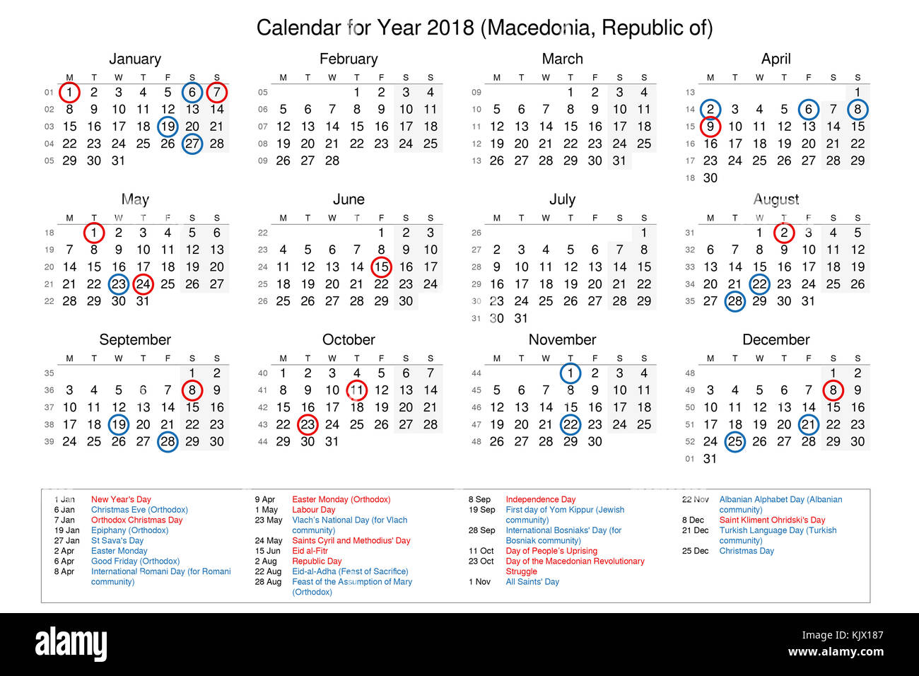 Jahreskalender 2018 mit Feiertagen und Feiertagen für Mazedonien Stockfoto