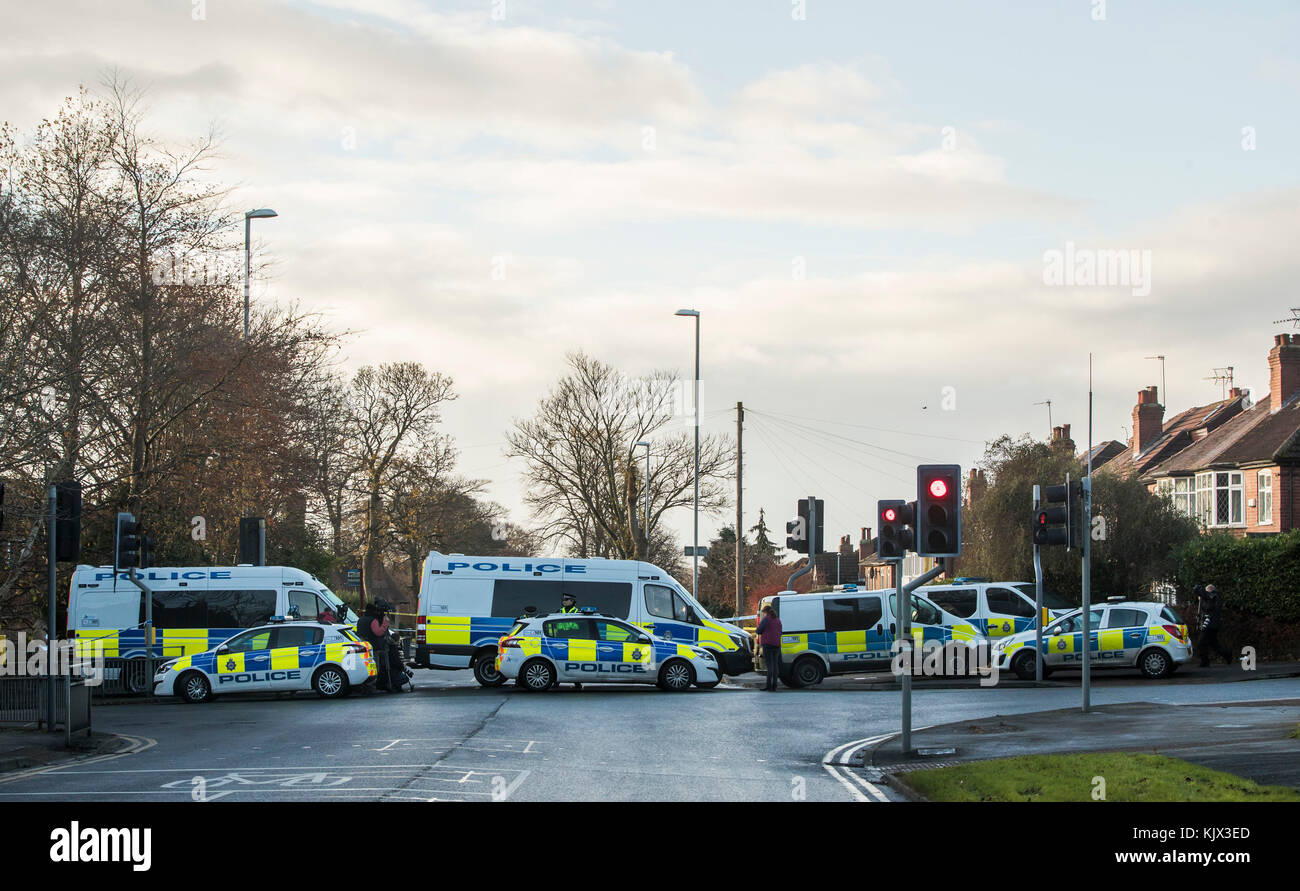 Die Polizei in der Nähe des Tatort, an dem ein gestohlenes Auto in der Stonegate Road, Leeds, auf einen Baum stürzte. Die Polizei von West Yorkshire sagte, dass fünf Menschen getötet wurden, darunter drei Kinder. Stockfoto