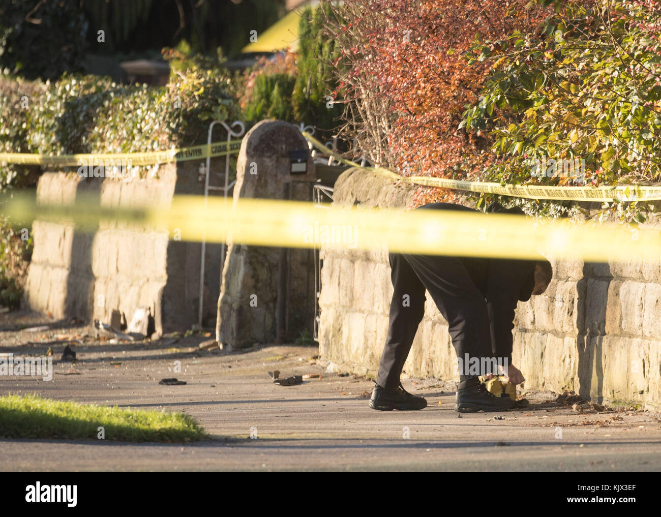 Die Polizei am Ort, an dem ein gestohlenes Auto in der Stonegate Road, Leeds, mit einem Baum zusammenstieß. Die Polizei von West Yorkshire sagte, dass fünf Menschen getötet wurden, darunter drei Kinder. Stockfoto