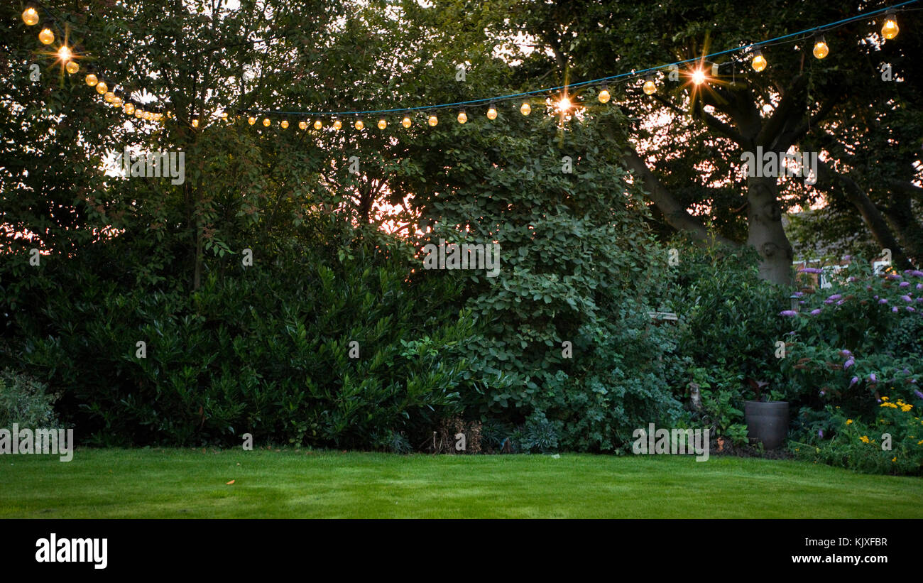 Lichterketten In Einem Garten Im Sommer 2017 Stockfoto Bild