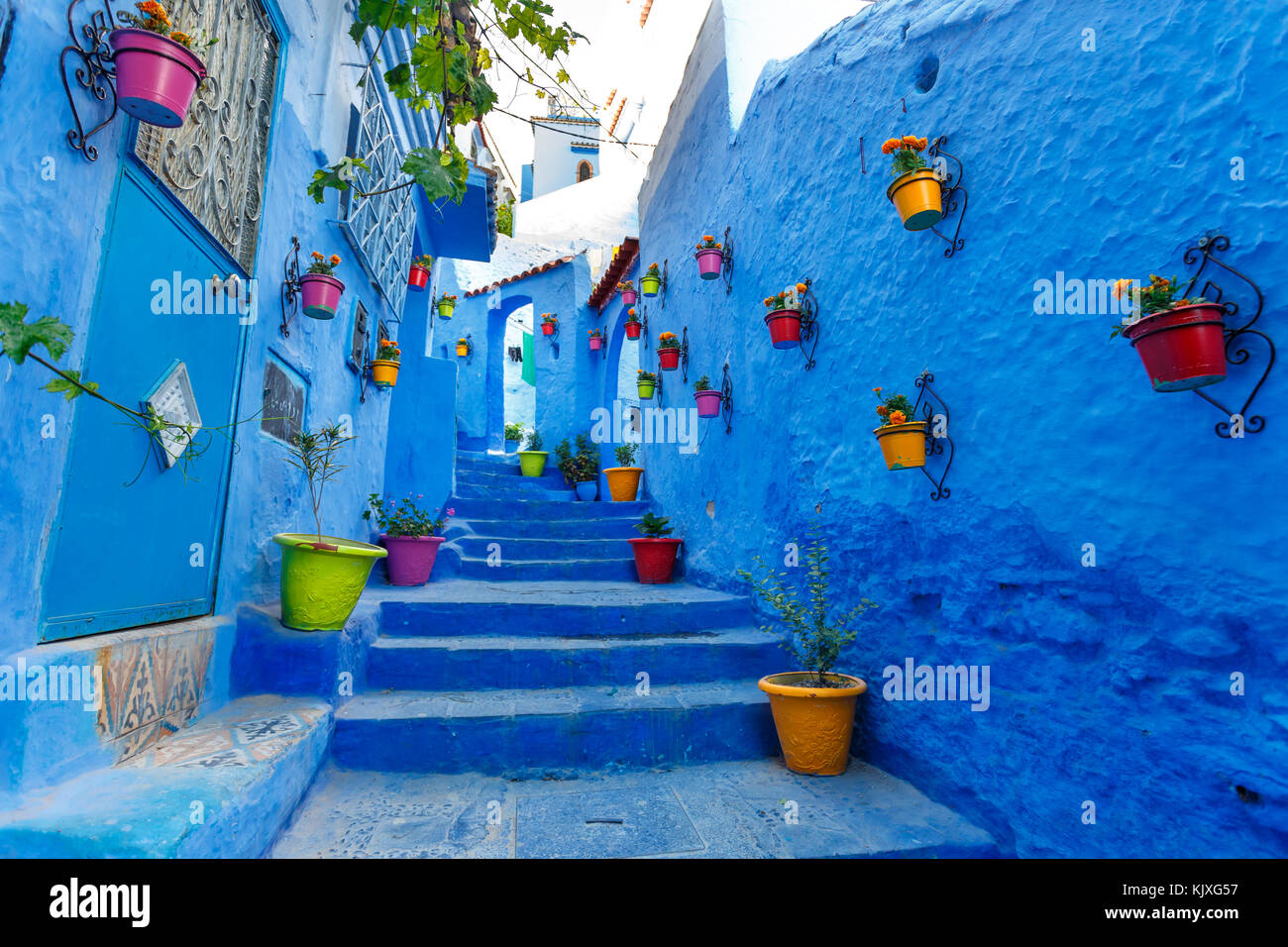 Berühmte blaue Stadt chefchauen in Marokko. Bunte Blumentöpfe auf der blauen Wand der alten Gebäude. Reiseziel-Konzept. Stockfoto