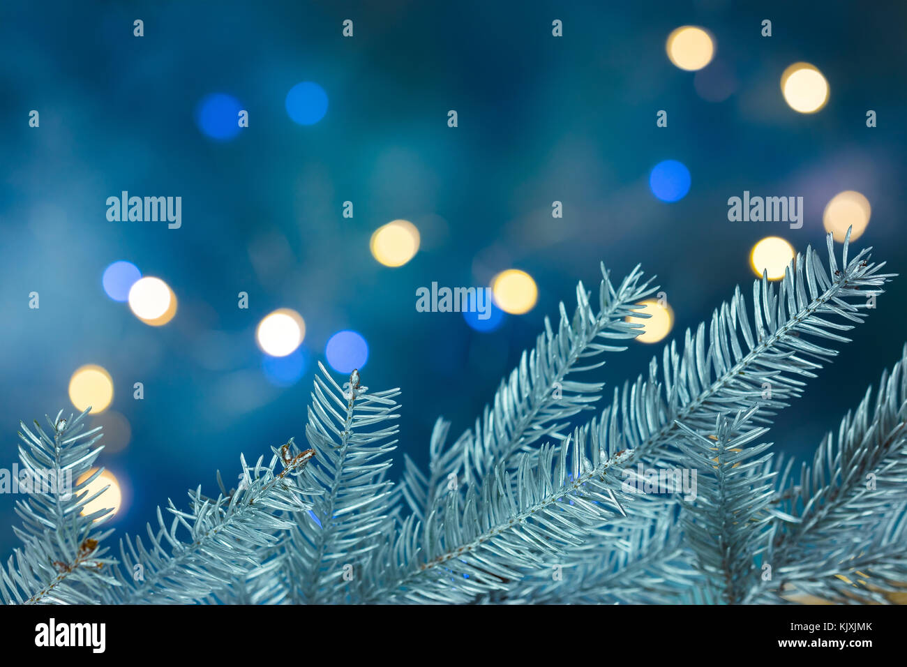 Silber Weihnachtsbaum Filialen auf unscharfen Blau urlaub Hintergrund mit Beleuchtung Stockfoto