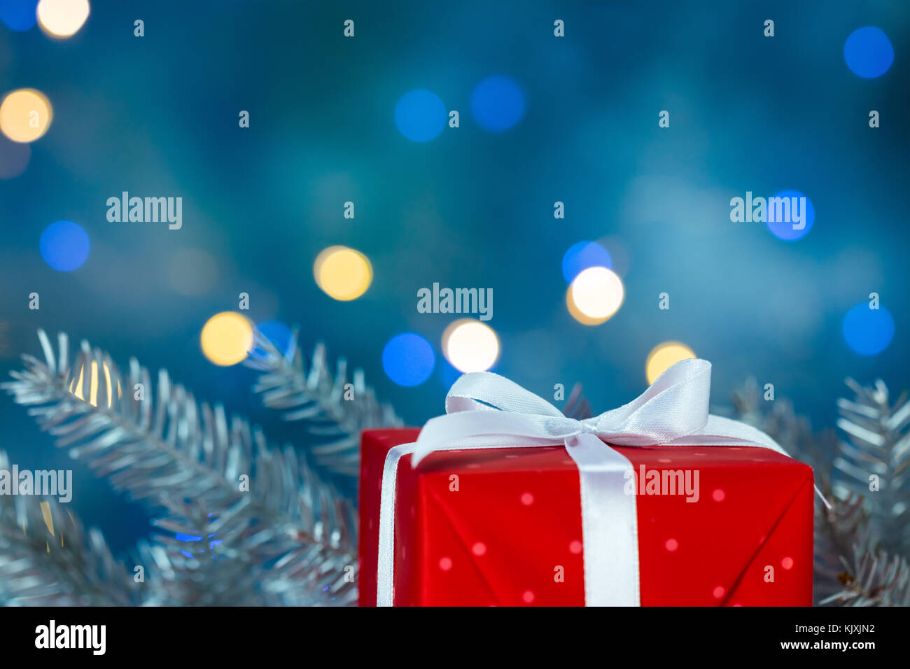 Roter Geschenkbox und Tanne Im defokussierten Hintergrund blau mit unscharfen Holiday Lights Stockfoto