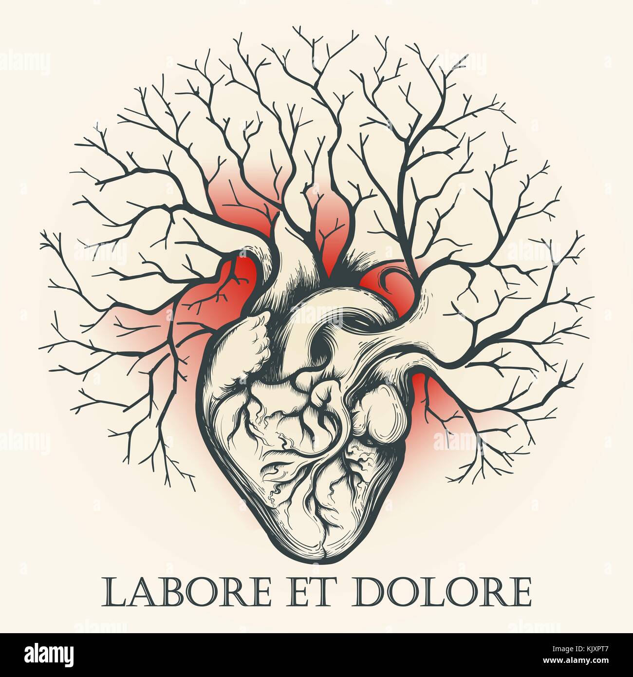 Das menschliche Herz mit Zweigen in Tattoo Art gezeichnet. Vector Illustration. Stock Vektor